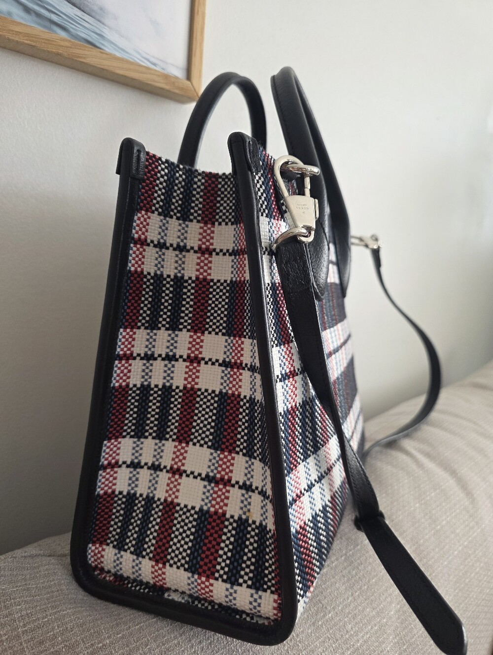 Gucci Multicolor Check "ICCUG" Logo Raffia Tote Bag - Picture 11 of 16